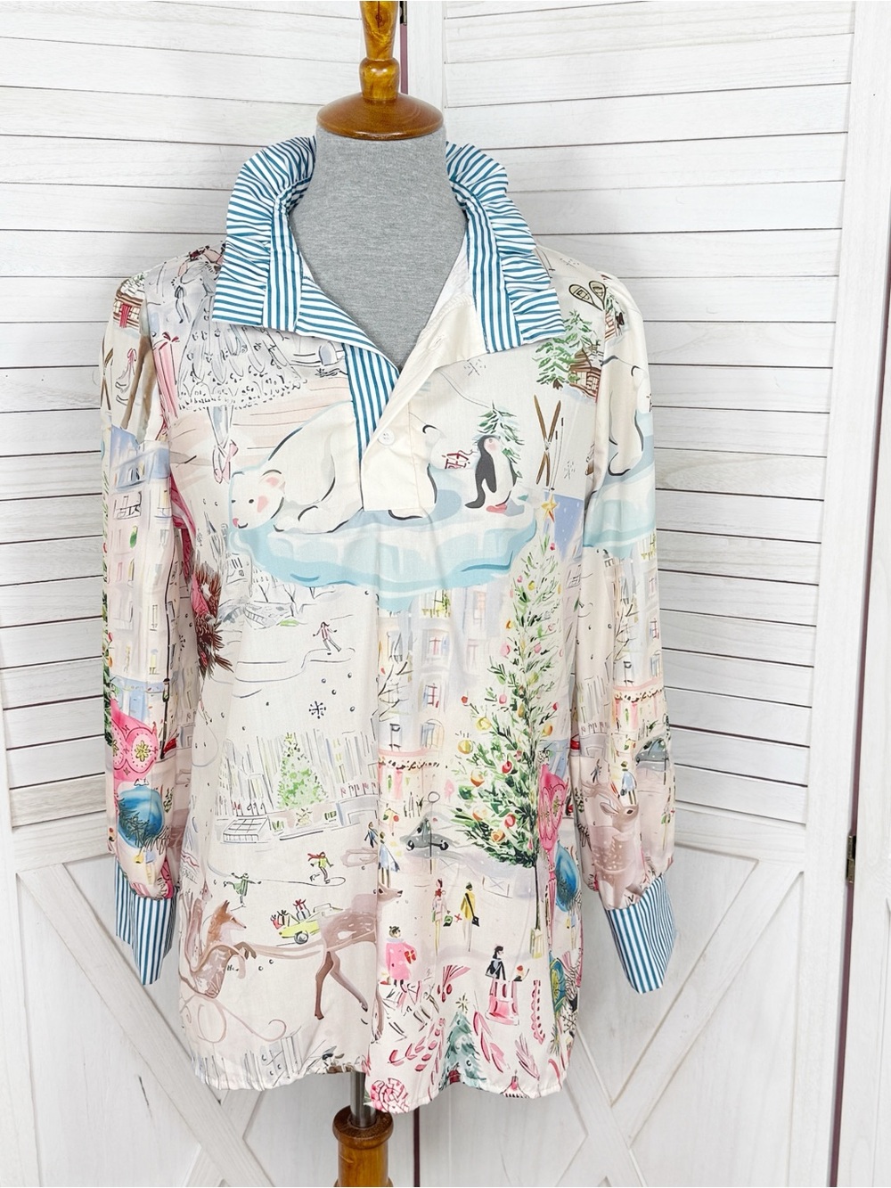 Cherry Betty Christmas Print Ruffle Collar Blouse Cream Pastel Small Cottagecore